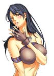  armband bad_id bad_pixiv_id bare_shoulders black_hair breasts brown_eyes cleavage covered_nipples cum delta_zone fingerless_gloves gloves large_breasts monster_hunter solo 
