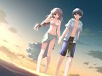  1girl beach bikini black_hair braid brown_eyes game_cg highres holding_hand holding_hands kanekiyo_miwa long_hair natsu_no_ame outdoors shinooka_misa silver_hair sky swimsuit 