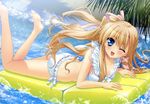  ;d absurdres akashi_kokoro barefoot bikini blonde_hair blue_eyes feet highres long_hair lying minase_lin on_stomach one_eye_closed open_mouth orange_memories ponytail smile solo sparkle swimsuit water 