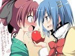  akane_souichi apple blue_eyes blue_hair blush bow casual crumbs drooling fang food fruit hair_bow hair_ornament hairclip holding holding_food holding_fruit mahou_shoujo_madoka_magica miki_sayaka mitakihara_school_uniform multiple_girls ponytail red_eyes red_hair sakura_kyouko school_uniform translated 