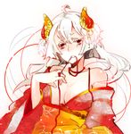  albino blush breasts cleavage colored_eyelashes eyelashes hair_ornament horns japanese_clothes kimono large_breasts long_hair mouth_hold original red_eyes ribbon solo tensui_(yumemoyou) white_hair 