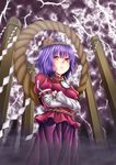  bad_id bad_pixiv_id blush dabadhi electricity hair_ornament highres mirror onbashira purple_hair red_eyes rope shimenawa solo touhou yasaka_kanako 