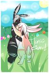  &hearts; &lt;3 anthro bunnies cute duo easter egg english_text female feral grass holidays lagomorph love male mammal multiple neekokarina rabbit rabbits related submissive sun text 