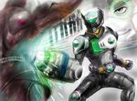  arm_cannon battle bodysuit drill firing glowing huujyu kamen_rider kamen_rider_birth kamen_rider_ooo_(series) male_focus solo spread_legs standing weapon 