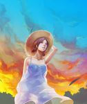  albr bare_shoulders brown_hair dress from_below hand_on_headwear hat lips original sky solo summer sunset white_dress wind 