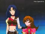  2girls amber_eyes belt blue_hair brown_hair choker coreena_solgente dress eye_contact gloves green_eyes hand_on_shoulder jewelry lokking_back long_hair looking_back lowres marone_bluecarno midriff multiple_girls navel open_mouth smile sword tales_of_(series) tales_of_eternia weapon yellow_eyes 