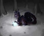  bioluminescence black bright canine chinese_dragon close dark dragon eastern eyes_closed female feral forest glow glowing hold holding horn horns kyuushi light long_tail mammal night orb outside requiem sad sitting snow solo sombre tail tree trees winter wood 