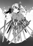  armor breasts cleavage greyscale large_breasts mizuryuu_kei monochrome solo sword twintails weapon 
