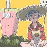  blue_hair copyright_request food fruit hat lowres solo straw_hat watermelon ymr 
