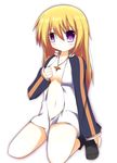  blonde_hair blush breasts charlotte_dunois cleavage female footwear gradient gradient_background infinite_stratos jewelry long_hair necklace no_bra open_clothes purple_eyes socks solo track_jacket white_background 