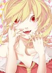  absurdres blonde_hair close-up collarbone crazy_eyes face fangs flandre_scarlet hands haruba_negi highres lips off_shoulder open_mouth red_eyes short_hair smile solo touhou 