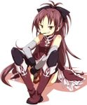  akasata boots detached_sleeves fang food grin knee_boots long_hair mahou_shoujo_madoka_magica mouth_hold pocky ponytail red_eyes red_hair sakura_kyouko smile solo thighhighs 