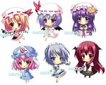  bat_wings blonde_hair blue_eyes book braid chibi crescent cup flandre_scarlet hat head_wings ichikawa_tsurugi izayoi_sakuya koakuma maid maid_headdress multiple_girls necktie patchouli_knowledge pink_hair purple_eyes purple_hair red_eyes red_hair remilia_scarlet saigyouji_yuyuko sample silver_hair teacup touhou twin_braids wings 