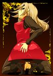  arched_back ass ass_grab blonde_hair boots breasts brown_legwear castlevania castlevania:_dawn_of_sorrow castlevania:_harmony_of_despair grabbing_own_ass high_heels large_breasts long_hair looking_back miniskirt onija_tarou pantyhose shoes skirt solo squatting sweater yoko_belnades 