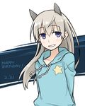  animal_ears arms_behind_back bangs blue_eyes blush eila_ilmatar_juutilainen english flat_chest grin hair_between_eyes happy_birthday hood hoodie long_hair looking_at_viewer parted_bangs samoni_ouka silver_hair smile solo star strike_witches upper_body world_witches_series 