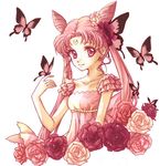  bishoujo_senshi_sailor_moon bug butterfly chibi_usa crescent double_bun earrings facial_mark flower forehead_mark frills insect jewelry long_hair older pink pink_flower pink_hair pink_rose princess red_eyes red_flower red_rose rose sarashina_kau simple_background small_lady_serenity smile solo twintails white_background 