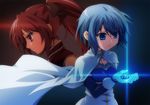  blue cape long_hair magical_girl mahou_shoujo_madoka_magica miki_sayaka multiple_girls ponytail red red_hair sakura_kyouko short_hair soul_gem yutanpo 