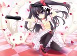  :3 akemi_homura bad_id bad_pixiv_id black_hair black_legwear bubble_skirt bullet_hole cherry_blossoms cosplay dual_wielding frills gun handgun holding holes kaname_madoka kaname_madoka_(cosplay) kyubey long_hair magical_girl mahou_shoujo_madoka_magica pantyhose pink_skirt purple_eyes skirt tile_floor tiles too_many too_many_frills twintails unjou_takehiro weapon 