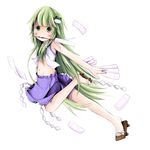  absurdres bad_id bad_pixiv_id blue_dress blush dress frog full_body geta green_eyes green_hair hair_ornament highres kochiya_sanae legs long_hair midriff mouth_hold navel ofuda sakuraba_hikaru_(loveindog) shide shirt skirt sleeveless sleeveless_shirt solo touhou 