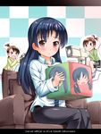  blue_hair box brown_eyes camera clapperboard couch futami_ami futami_mami idolmaster idolmaster_(classic) kisaragi_chihaya long_hair multiple_girls siblings sisters sitting takasaka_donten twins 