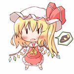  :o blonde_hair blush chibi fang flandre_scarlet hat hat_ribbon ribbon short_hair side_ponytail solo speech_bubble sun_hat touhou uruc wings |_| 