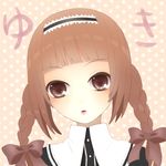  blush bow brown_eyes brown_hair female gothic_lolita hair_bow headband lolita_fashion looking_at_viewer lowres original sailor_antei solo 