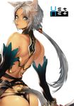  armor ass backless_outfit bad_id bad_pixiv_id bare_back bare_shoulders bikini_armor blue_eyes detached_sleeves from_behind kazakami_yuu lips long_hair looking_back nose original ponytail silver_hair simple_background solo tail 