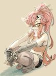  bikini_top breasts cleavage gloves hair_ornament katou_(hyaena) long_hair medium_breasts midriff ponytail red_hair scarf sitting solo tengen_toppa_gurren_lagann thighhighs yellow_eyes yoko_littner 