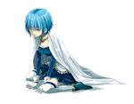  blue_eyes blue_hair cape gloves hanahara magical_girl mahou_shoujo_madoka_magica miki_sayaka short_hair simple_background sitting smile solo tears thighhighs wariza white_gloves white_legwear zettai_ryouiki 