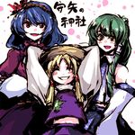  :d arms_up blonde_hair blue_hair brown_eyes detached_sleeves dress grin hat kochiya_sanae long_hair long_sleeves looking_at_viewer lowres moriya_suwako multiple_girls navel open_mouth purple_skirt red_dress short_hair skirt smile teeth tima touhou vest yasaka_kanako 