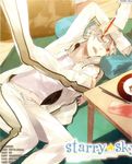  artist_request barefoot blonde_hair chopsticks male_focus marker official_art open_mouth saliva shiranui_kazuki sleeping solo starry_sky_(game) track_suit 