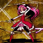  armpits bow chibi grin hair_bow highres long_hair magical_girl mahou_shoujo_madoka_magica mot_(anticycle) polearm ponytail red_eyes red_hair sakura_kyouko skirt smile solo thighhighs weapon 