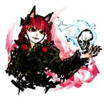  animal_ears bad_id bad_pixiv_id bow braid cat_ears fangs grin hair_bow hair_ornament hima_(mizu_ni_tsuyoi) kaenbyou_rin red_eyes red_hair short_hair skull slit_pupils smile solo touhou twin_braids upper_body 