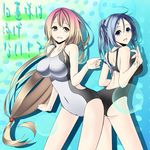 ass-to-ass blue_eyes blue_hair breasts competition_swimsuit gradient_hair hair_ornament hairclip highres hijiri_byakuren kumoi_ichirin large_breasts long_hair multicolored_hair multiple_girls one-piece_swimsuit shinoi short_hair smile swimsuit touhou two-tone_hair yellow_eyes 