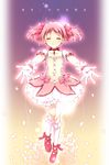  choker closed_eyes gloves kaname_madoka long_hair magical_girl mahou_shoujo_madoka_magica outstretched_hand pink_eyes pink_hair puffy_sleeves shoes short_hair smile solo touon translated twintails white_gloves 