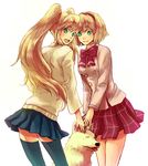  alexia_lynn_elesius bibako blonde_hair bow clarissa_arwin dog green_eyes hairband happy long_hair multiple_girls open_mouth pink_bow ribbon short_hair simple_background skirt smile sweater thighhighs tongue tony_(wild_arms) twintails white_background wild_arms wild_arms_xf zettai_ryouiki 