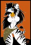  2008 big_breasts black_hair blue_eyes breasts chalo ear_piercing earring equine female hair piercing raised_arm solo standing stretching stripes tail topless white wide_hips zebra 