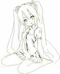  detached_sleeves hatsune_miku long_hair monochrome necktie sitting skirt solo twintails very_long_hair vocaloid wariza zizi_(zz22) 