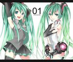  armpits arms_up bridal_gauntlets detached_sleeves dual_persona green_eyes green_hair hands_on_own_chest hatsune_miku hatsune_miku_(append) letterboxed long_hair necktie open_mouth richard_(ri39p) skirt thighhighs twintails very_long_hair vocaloid vocaloid_append 