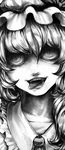  crazy_eyes face fang flandre_scarlet freckles greyscale hat monochrome neiko solo tongue touhou 