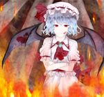  amagosi bad_id bad_pixiv_id bat_wings blood blood_on_face blue_hair brooch dress fire hat jewelry red_eyes remilia_scarlet short_hair solo touhou wings 