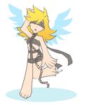  1girl angel angel_(megami_tensei) atlus bdsm blindfold blonde_hair bondage bound chains cosplay crossover long_hair open_mouth panty_&amp;_stocking_with_garterbelt panty_(character) panty_(psg) parody rintha shin_megami_tensei shin_megami_tensei_iii:_nocturne shin_megami_tensei_nocturne simple_background solo wings 