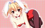 all_fours animal_ears blonde_hair bunny_ears bunny_tail bunnysuit checkered checkered_background fang highres kakesu original pantyhose red_eyes short_hair solo tail twintails wallpaper 