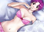  arm bare_shoulders bazett_fraga_mcremitz bed bed_sheet blush bra breasts cleavage earrings fate/stay_night fate_(series) female jewelry lingerie lips lying midriff mole navel on_back panties pink_bra pink_panties purple_eyes purple_hair short_hair solo strapless strapless_bra underwear 