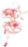  bad_id bad_pixiv_id bobby_socks bow bubble_skirt dress gloves hair_bow hair_ribbon kaname_madoka kyubey magical_girl mahou_shoujo_madoka_magica open_mouth pink_eyes pink_hair ribbon shoes short_hair short_twintails simple_background skirt smile socks standing standing_on_one_leg twintails white_background yamiko 