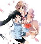  black_eyes black_hair blonde_hair brown_eyes caramel_(caramelmalt) flower hair_flower hair_ornament hanasaku_iroha headphones headphones_around_neck holding_hands jumping long_hair matsumae_ohana multiple_girls petals ponytail short_hair shorts simple_background smile tsurugi_minko 