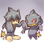  arms_up banette black_hair fang gen_3_pokemon grin hitec kneeling moemon personification pokemon pokemon_(creature) red_eyes sleeves_past_wrists smile spiked_hair tail zipper 
