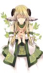  animal_ears bad_id bad_pixiv_id bare_shoulders blonde_hair closed_eyes detached_sleeves horns leaf long_hair nagi_(tartaros_online) praying sheep_horns smile solo tartaros_online tuuuh wing_ears 