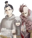  3boys asymmetrical_hair atlus character_request collector_manikin covered_eyes futomimi hood male male_focus multiple_boys nocturne sakahagi shin_megami_tensei side_shave smile top_knot topknot trio v 