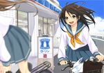  :d absurdres bad_id bad_pixiv_id bag basket bicycle bicycle_basket black_eyes black_hair blue_sailor_collar blue_sky brown_hair building cloud convenience_store day floating_hair ground_vehicle guard_rail highres lawson long_sleeves motion_blur multiple_girls neckerchief open_mouth original outdoors plastic_bag riding road sailor_collar sama school_bag school_uniform serafuku shirt shop shopping_bag sign sky smile storefront street white_shirt window 